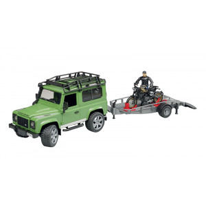 Land Rover Defender Station Wagon avec remorque, Ducati Scramblre Cafe Racer et figurine Land Rover Defender Station Wagon avec remorque, Ducati Scramblre Cafe Racer et figurine
