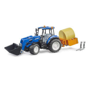 Tracteur New Holland T5.120 avec chargeur frontal, caisse de transport, fourches et balle ronde
